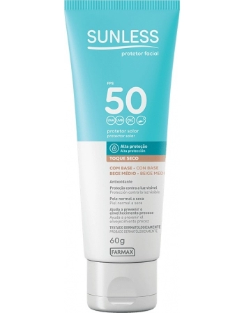 PROTETOR SOLAR FACIAL FPS 50 COM BASE BEGE MEDIO 60G SUNLESS FARMAX