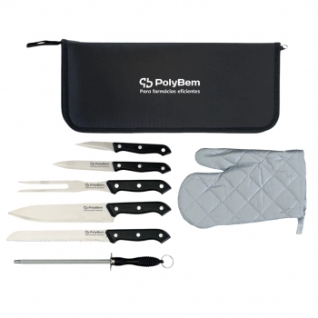 KIT CHURRASCO 7 PECAS CABO PRETO ESTOJO NYLON