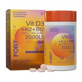 VITAMINA D3 + K2 + B12 230MG ADULTO C/60 COMPR MASTIGAVEIS FORTLIFE