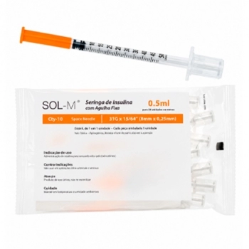 SERINGA INSULINA 0,5ML C/AGULHA 8X30 PACOTE C/10 SOL MILLENNIUM